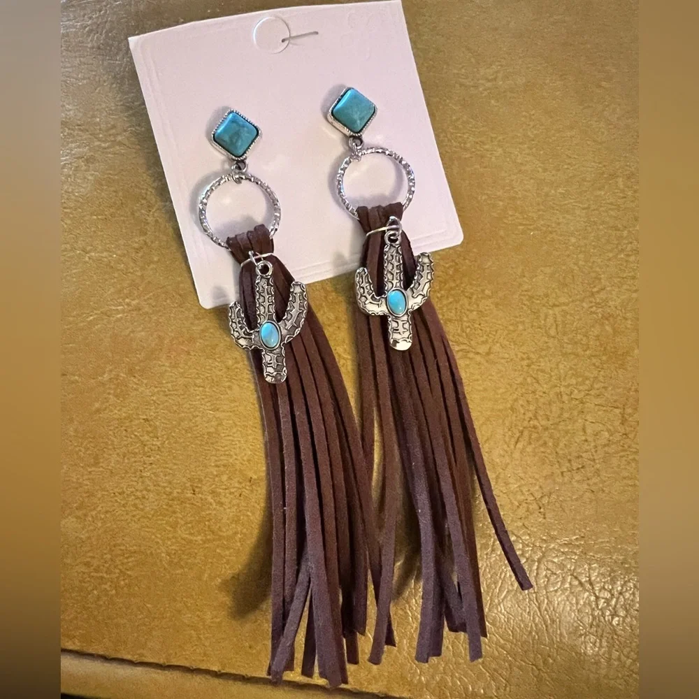 New 5” Western Boho Leather Cactus Post Turquoise Earrings - Picture 1 of 3